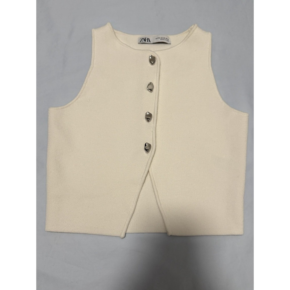 Zara Cream Knit Vest Top Silver Metallic Buttons Size XS AS IS